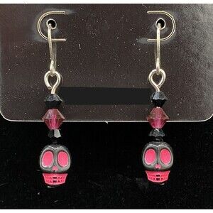 Handmade Neon Pink & Black Skull with Pink Black Crystal Earrings by Neanie-Bot